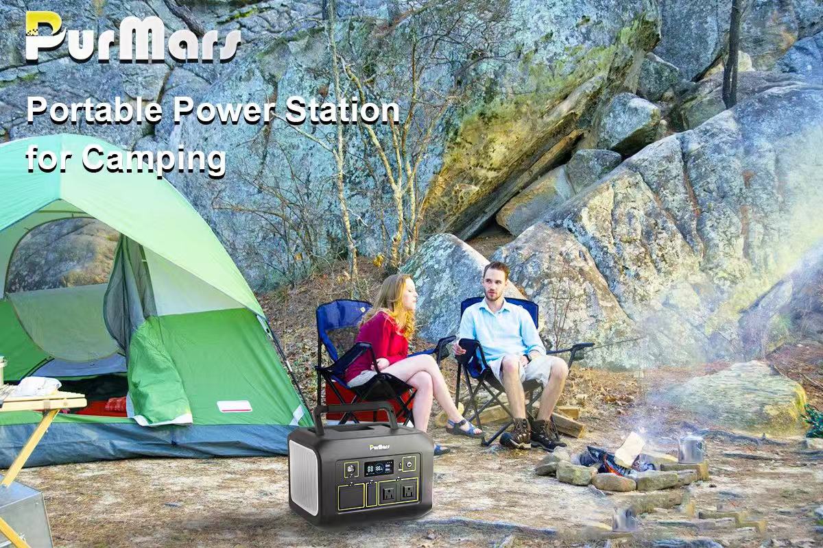 PurMars Portable Power Station, Camping Scene with Tent, Rock Formations, and Campfire, Powers Outdoor Camping Needs