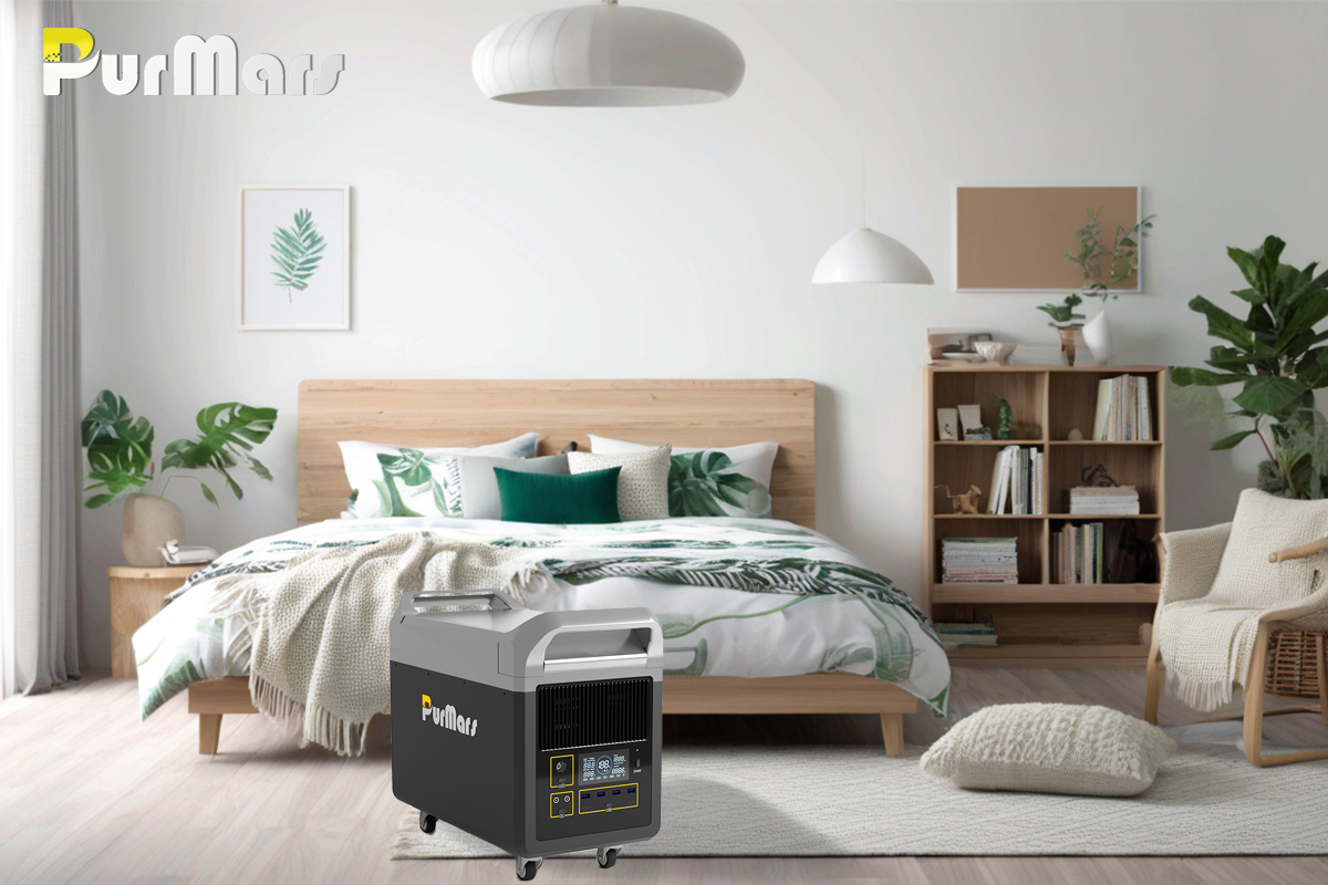 PurMars Portable Energy Storage Power Station, Bedroom Scene with Bed, Plants, and Modern Decor, Ideal for Home Emergency Power Backup