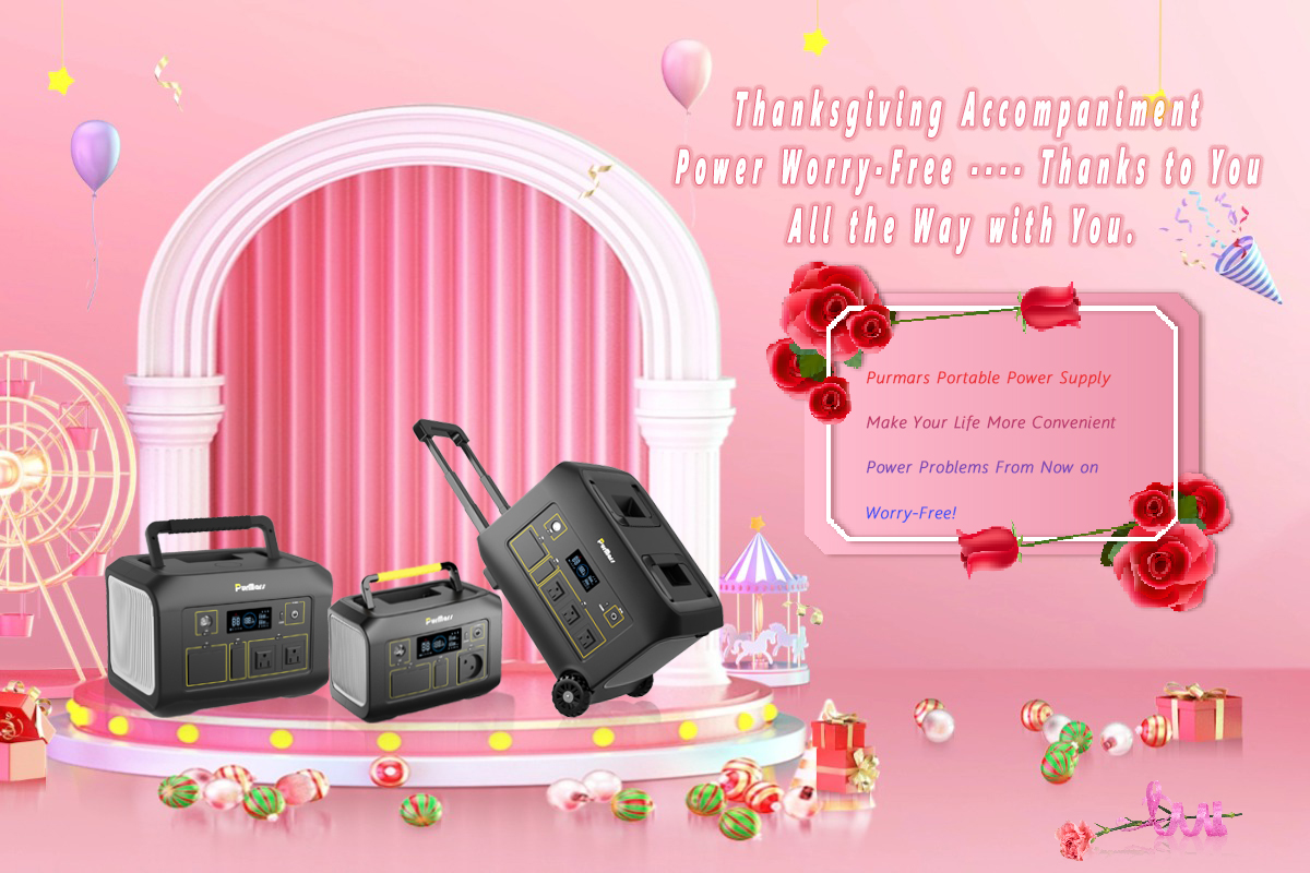 PurMars Portable Energy Storage Power Station Series, Thanksgiving Theme with Pink Background, Balloons, Ferris Wheel Decor, “Thanksgiving Accompaniment Power Worry-Free” for Emergency and Leisure Power