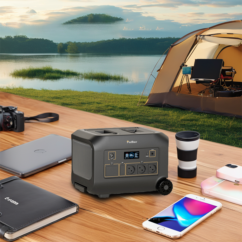 PurMars Portable Energy Storage Power Station Charging Cameras, Smartphone, Laptop on Outdoor Camping Table, Perfect for Outdoor Electronic Device Power Supply