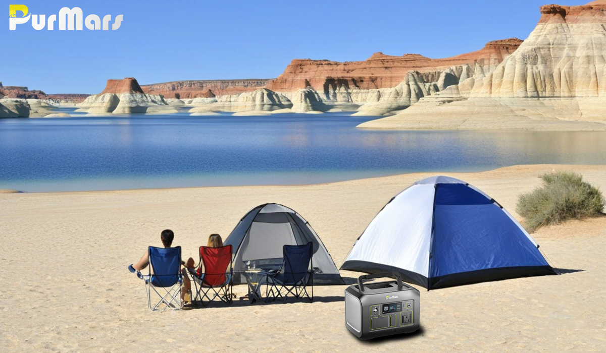 PurMars Portable Energy Storage Power Station, Lake Camping Scene with Tents and Outdoor Gear, Ideal for Outdoor Leisure and Emergency Power Supply
