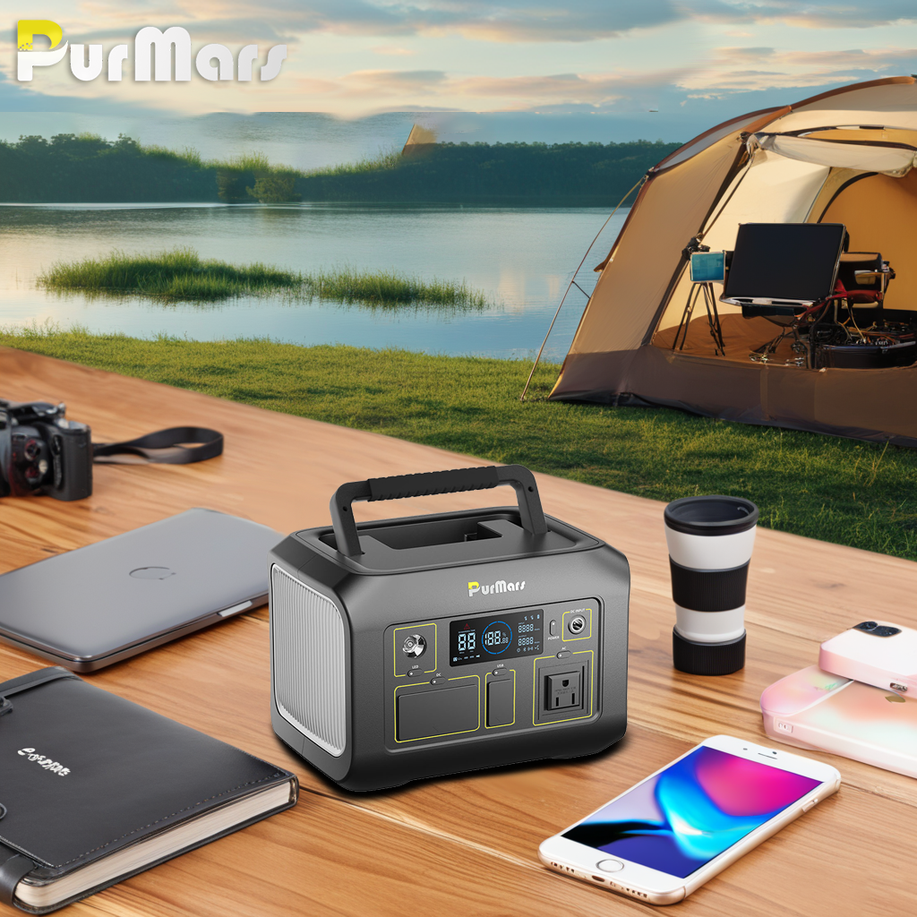 PurMars Portable Energy Storage Power Station Charging Cameras, Smartphone, Laptop on Outdoor Camping Table, Perfect for Outdoor Electronic Device Power Supply
