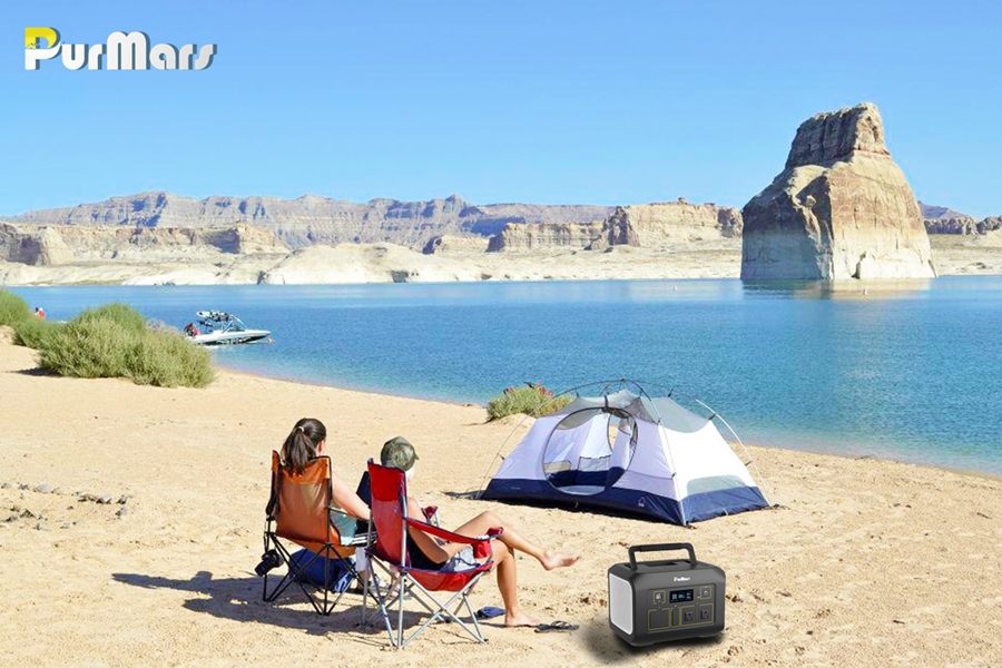 PurMars Portable Energy Storage Power Station, Beach Camping Scene with Tent, People Relaxing by Lake and Rock Formations, Ideal for Outdoor Leisure Power