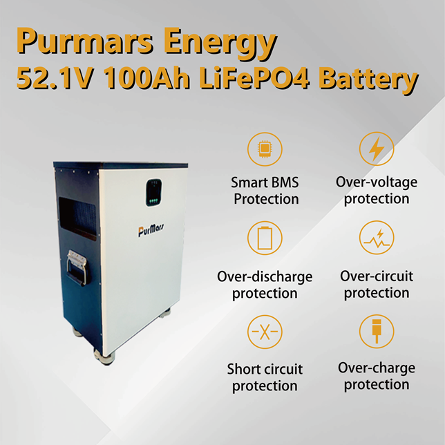 Purmars Energy 52.1V 100Ah LiFePO4 Battery with Smart BMS Protection Features