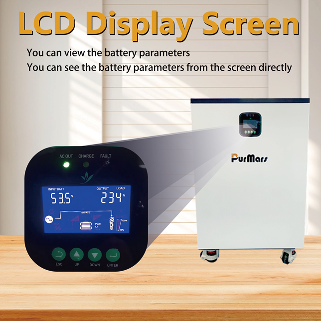 LCD Display Screen Showing Purmars Battery Parameters and Status