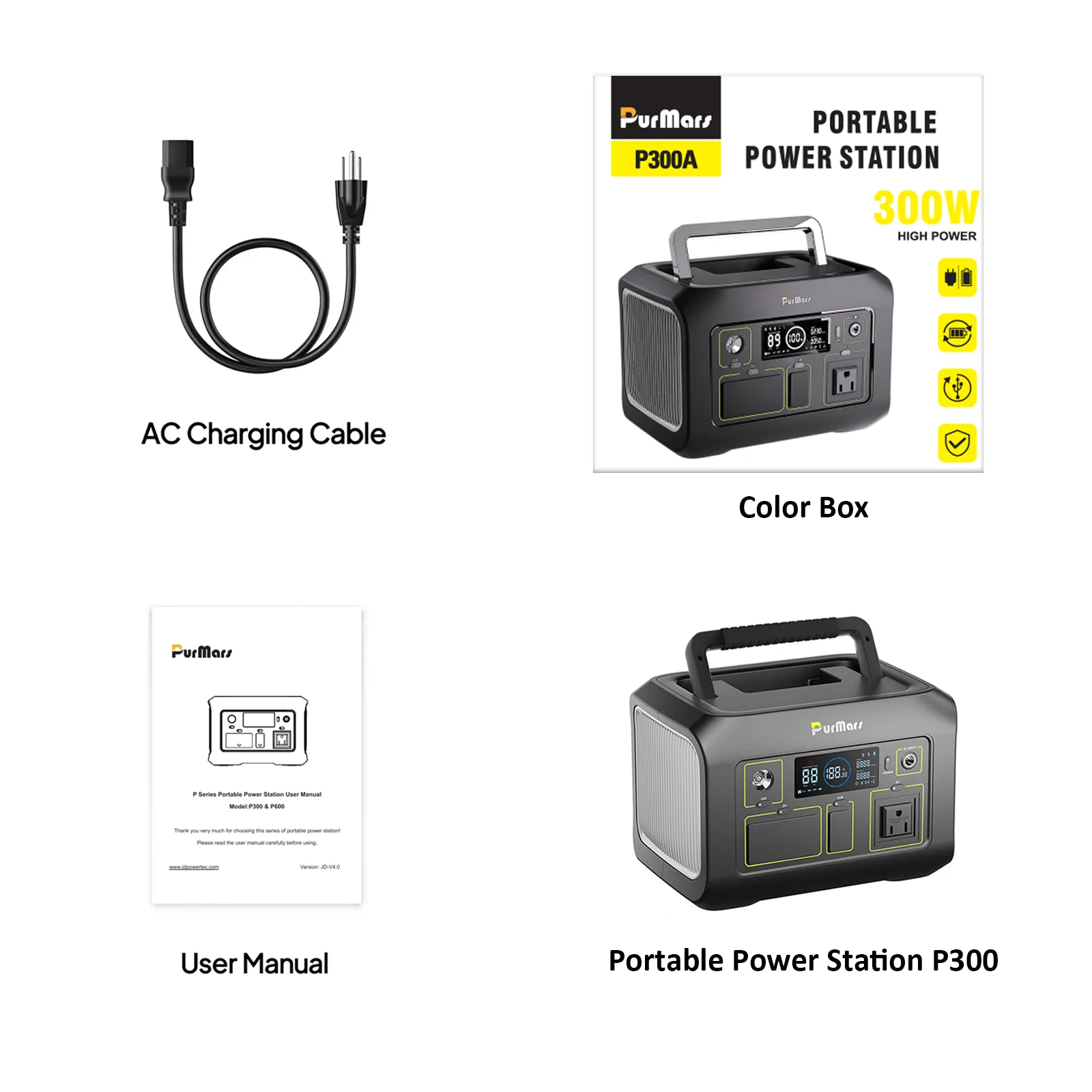 PurMars P300 Portable Power Station Accessories: AC Charging Cable, Color Box, User Manual, and the Power Station Unit