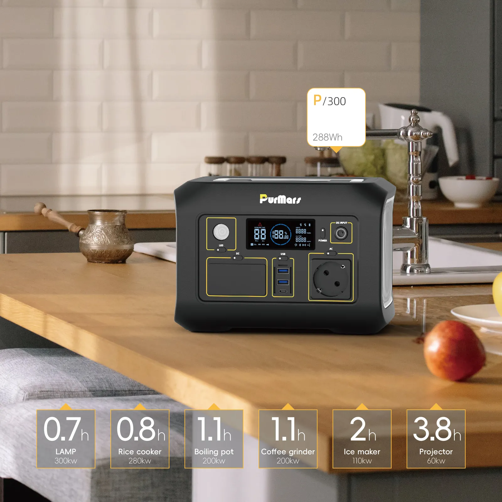 PurMars P300 Portable Power Station in Kitchen Scene, Powers Lamp, Rice Cooker, Projector with Runtime Data (288Wh Capacity)
