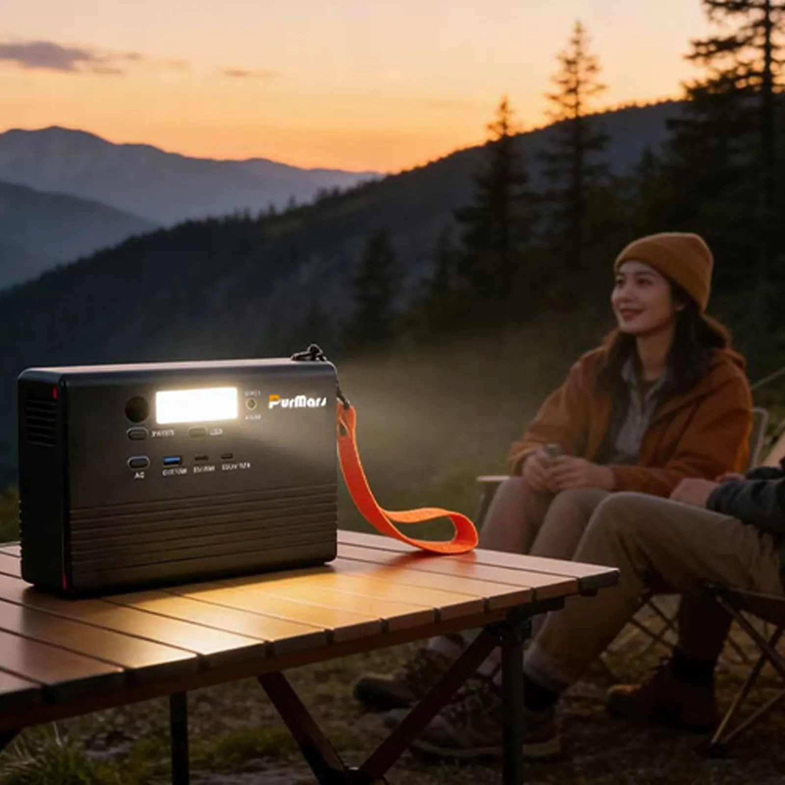 PURMAES P100A/E Portable Outdoor Power Station, 92Wh, equipped with three output options: AC output, USB, and DC output.