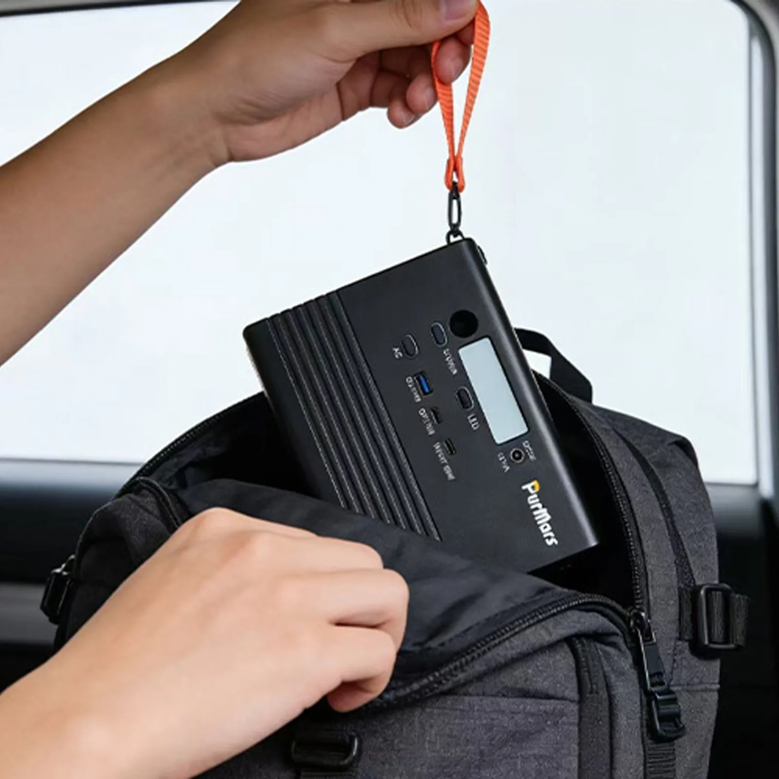 PURMAES P100A/E Portable Outdoor Power Station, 92Wh, equipped with three output options: AC output, USB, and DC output.