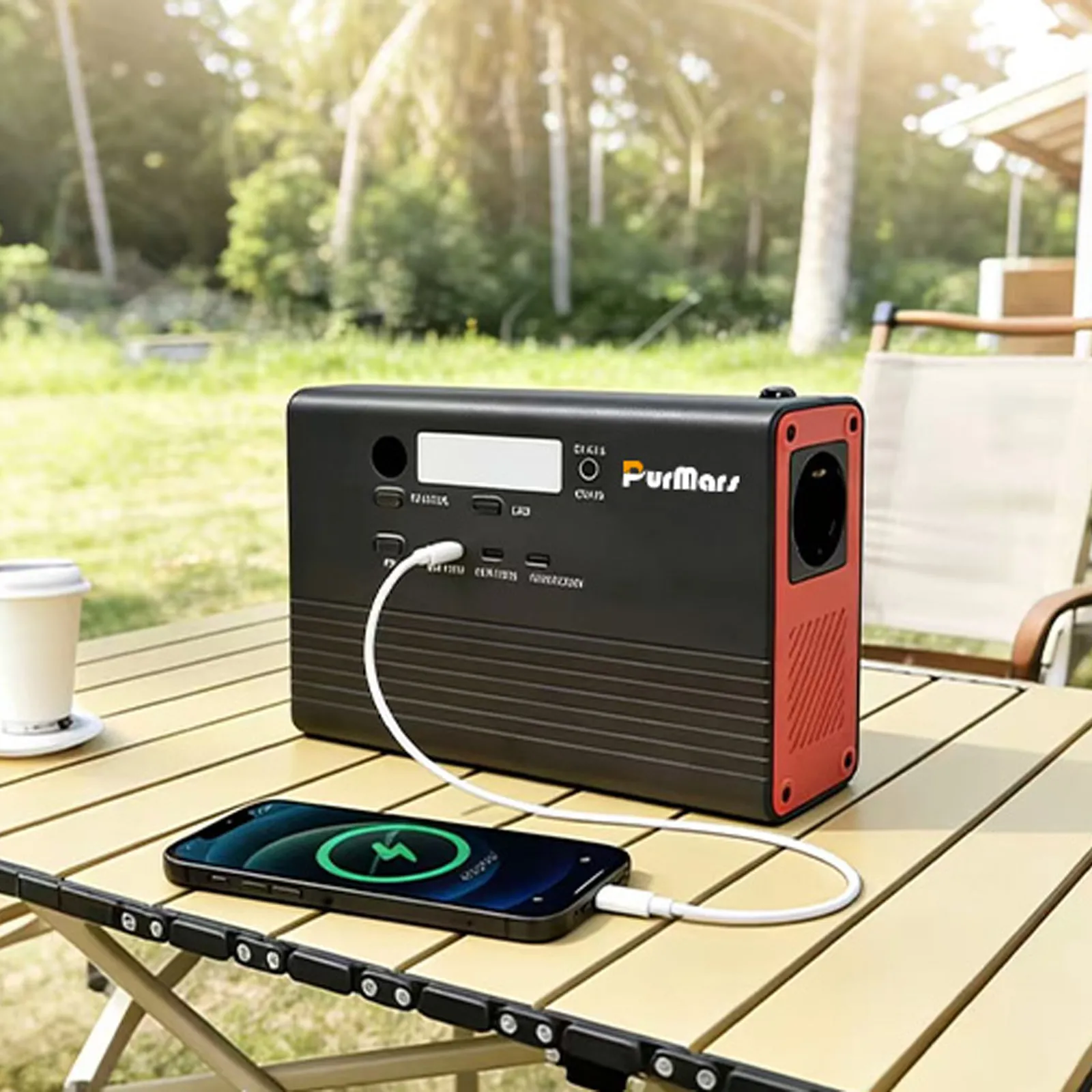 PURMAES P100A/E Portable Outdoor Power Station, 92Wh, equipped with three output options: AC output, USB, and DC output.