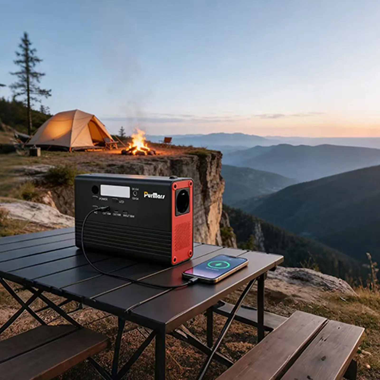 PURMAES P100A/E Portable Outdoor Power Station, 92Wh, equipped with three output options: AC output, USB, and DC output.