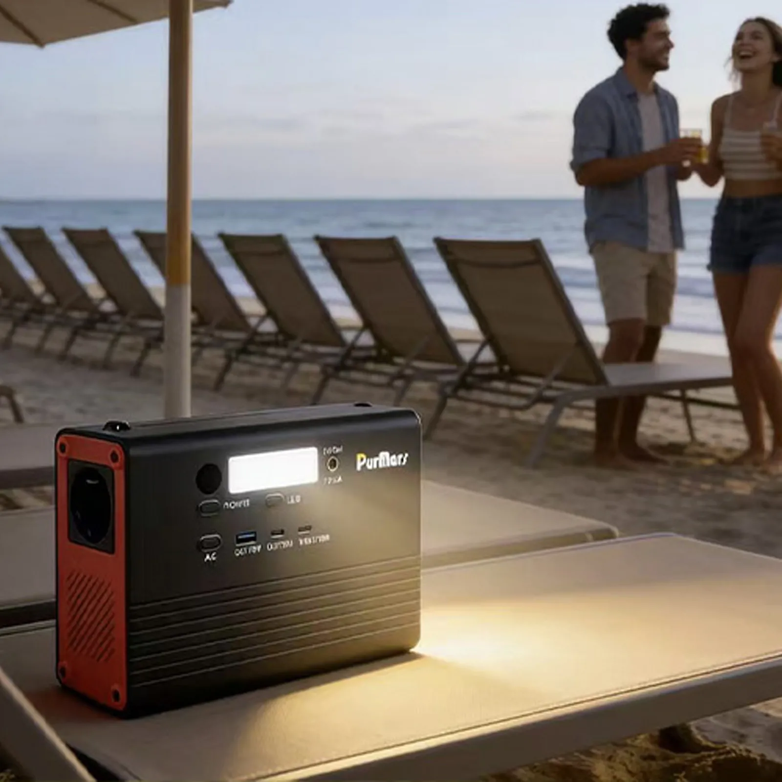 PURMAES P100A/E Portable Outdoor Power Station, 92Wh, equipped with three output options: AC output, USB, and DC output.