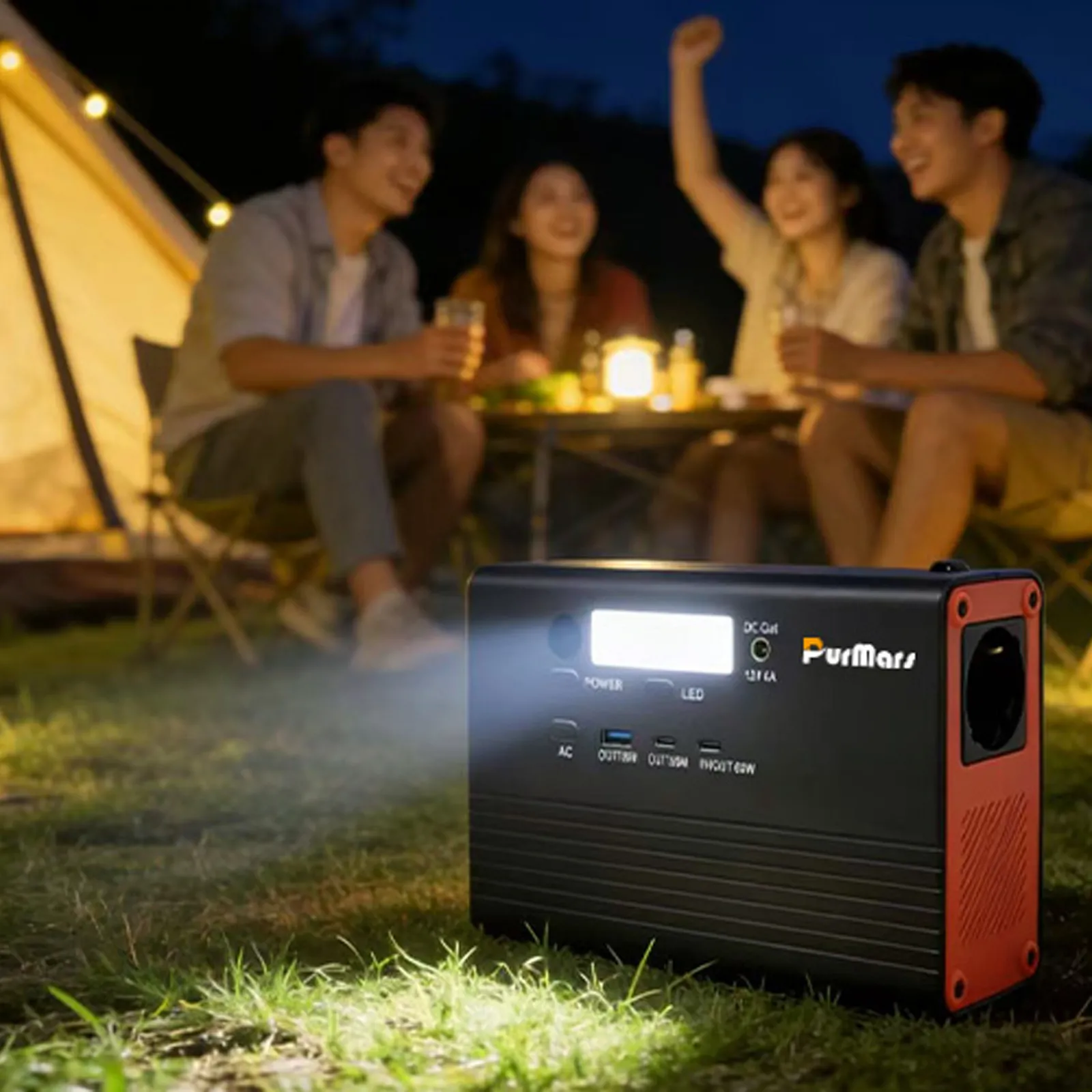 PURMAES P100A/E Portable Outdoor Power Station, 92Wh, equipped with three output options: AC output, USB, and DC output.