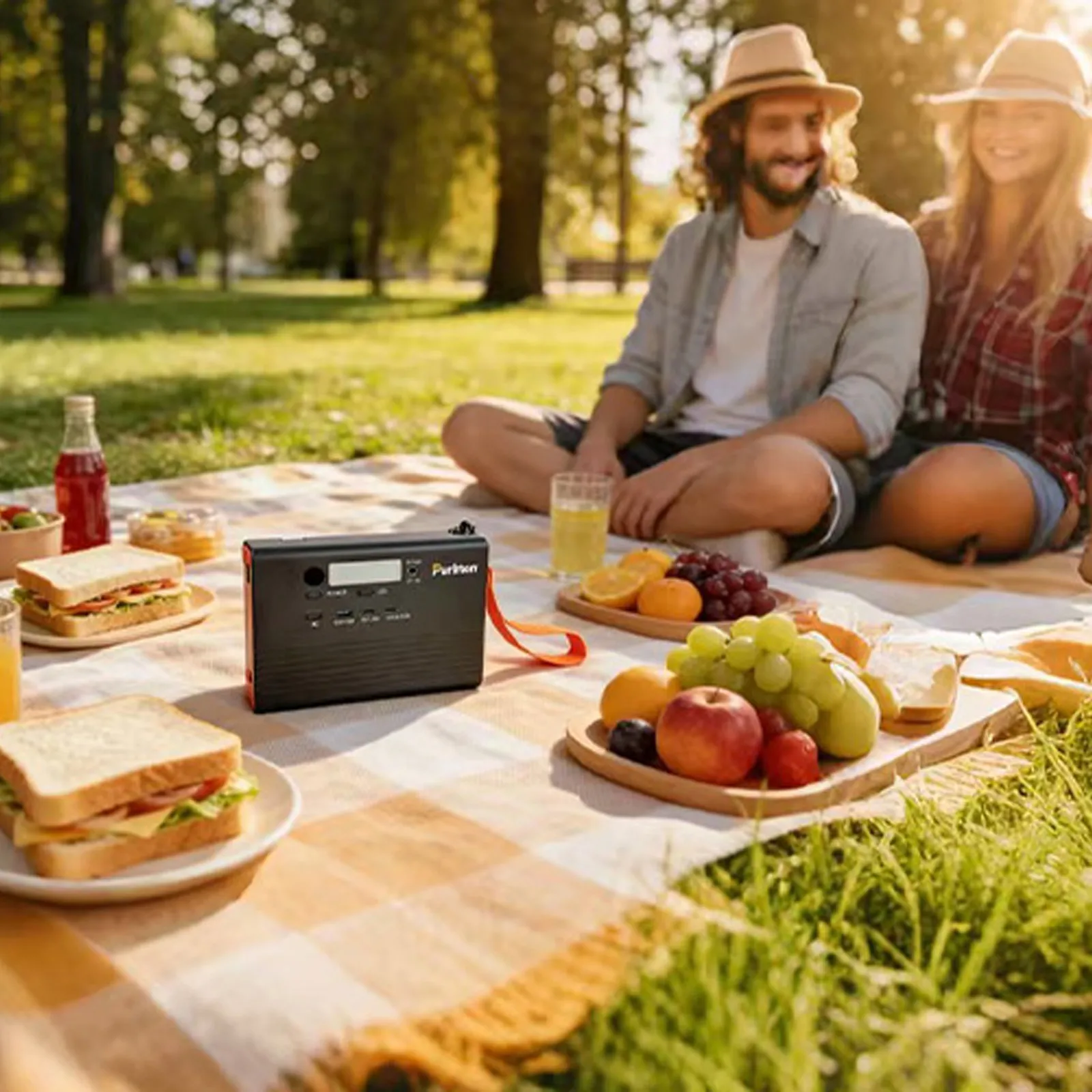 PURMAES P100A/E Portable Outdoor Power Station, 92Wh, equipped with three output options: AC output, USB, and DC output.