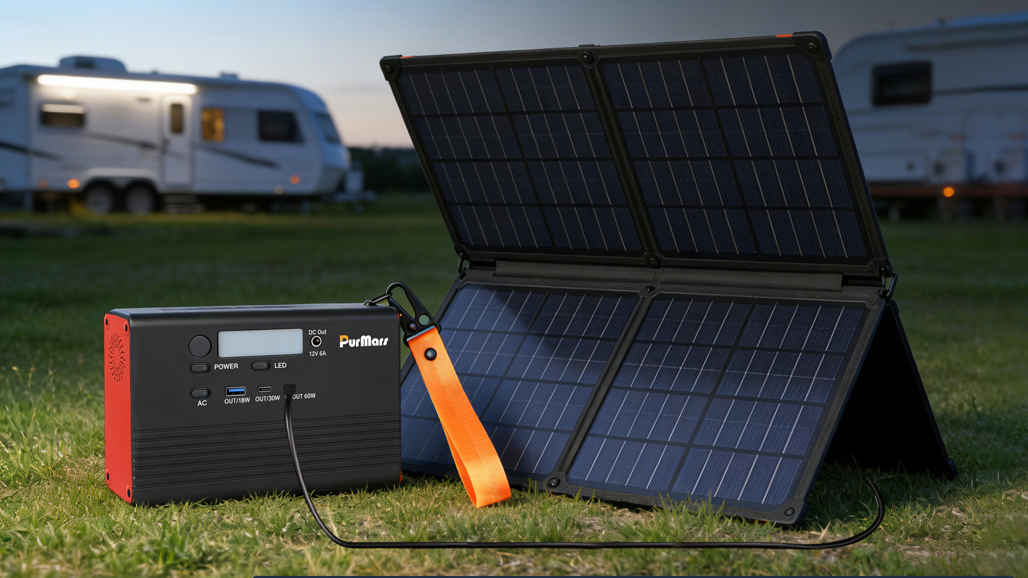 PURMAES P100A/E Portable Outdoor Power Station, 92Wh, equipped with three output options: AC output, USB, and DC output.